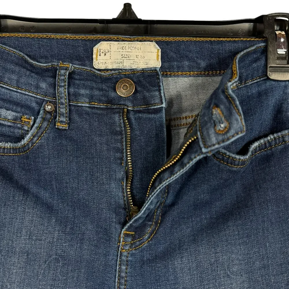 Free People SZ W25 Skinny Jeans Distressed Rips Mid-Rise Stretch Zip-Fly Blue